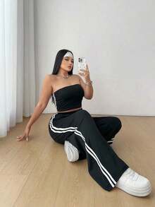 piezas talla grande para mujer, top tipo camiseta con paneles laterales de rayas de contraste y pantalón deportivo holgado de cintura elástica - Negro - Ver 3