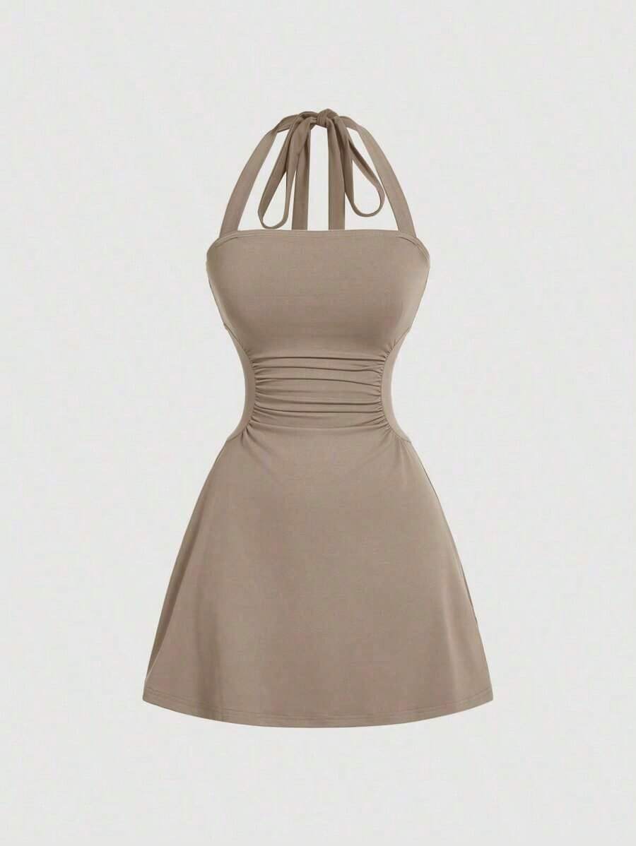 Vestido mini de mujer con cuello de halter y cintura ceñida en forma de A, vestidos de verano para mujer - Caqui - Ver 1