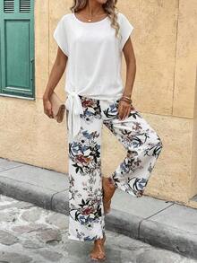 Conjunto de 2 piezas de blusa con corbata de moño y pantalones de pierna recta para mujer - Blanco - Ver 5