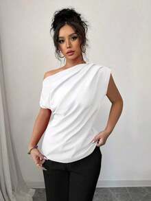 Blusa de unicolor con cuello asimétrico y plisado a la moda para mujeres - Blanco - Ver 8
