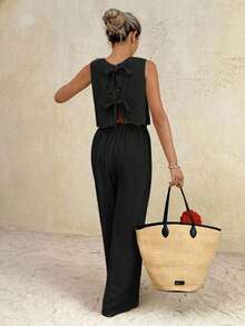 Conjunto informal de 2 piezas con top de cuello redondo y lazo en la espalda, y pantalones de cintura elástica de unicolor para mujer - Negro - Ver 6