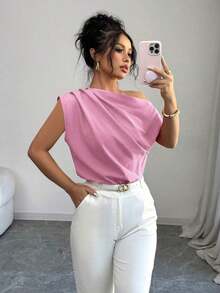 Blusa de unicolor con cuello asimétrico y plisado a la moda para mujeres - Rosa - Ver 9