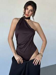 Body asimétrico con cuello de volantes en color marrón moca para mujer, body de moda para primavera, verano, otoño e invierno, adecuado para ir al trabajo, elegante, sexy, vacaciones, playa, estilo bohemio, Hawái, festivales de música, fiestas, tr - Café integral - Ver 7