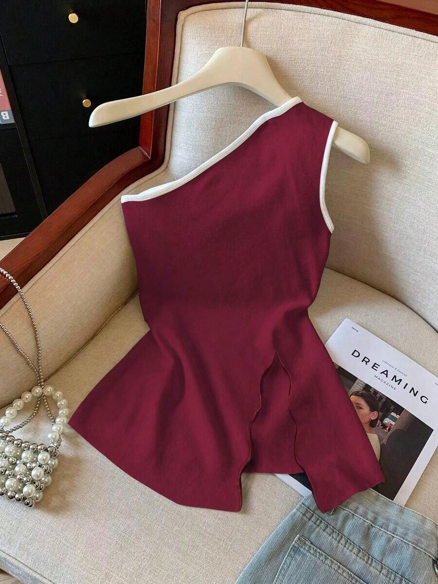 Blusa casual de vacaciones para mujer con estampado de lunares, sin mangas y con bajo dividido - Burdeos - Ver 1