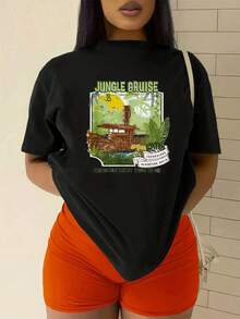 Jungle Adventure Graphic With An Old Boat Among Tropical Leaves Symbolizing Exploration, Freedom And Connection With Nature; Comfortable And Breathable Women's T-Shirt Ideal For Everyday Wear - 黑色 - 查看 2