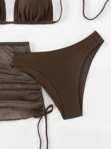 Swim Mod Set de 2 piezas de traje de baño de unicolor para mujer para vacaciones de verano - Café integral - Ver 6