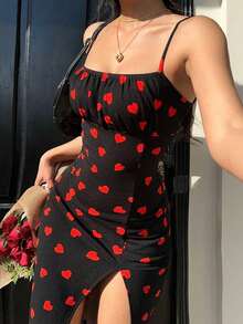 Vestido Largo De Verano Con Tirantes Finos Con Diseño De Flores Pequeñas Y Aberturas Laterales En El Muslo - Negro - Ver 2