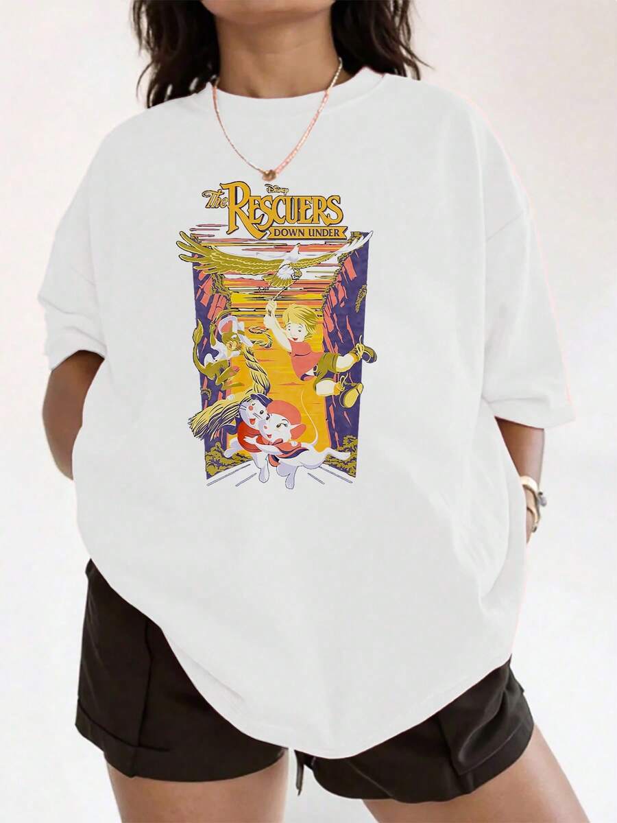 Vibrant Artwork Depicting An Adventurous Scene With Brave Characters And A Majestic Eagle Over A Colorful Landscape, Conveying Hope And Friendship In Every Detail. Comfortable And Youthful Women's T-Shirt For Everyday Wear. - 白色 - 查看 1
