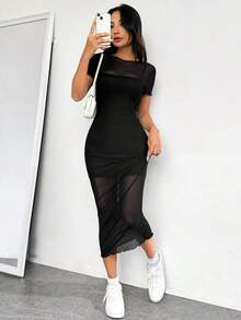 Vestido Mini De Malla Bodycon - Negro - Ver 4