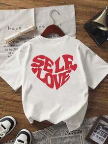 Under The Radar - Women's Casual Short Sleeve T-Shirt, White, With "Self Love" Heart Print, Drop Shoulder, Knit, Crew Neck, Regular Length, Urban Vintage Style, Unisex, Loose Fit, Cotton. - 白色 - 查看 6