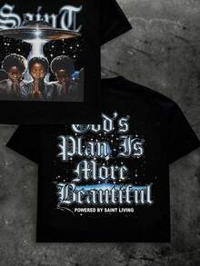 (100%Cotton T-Shirt)  God's Plan   Pattern Print Men's Summer Round Neck Short Sleeved Casual Cotton Print - 黑色 - 查看 3