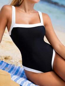 Traje de baño de una pieza elegante y ajustado con corte de color en contraste azul marino y blanco, con tirantes anchos ajustables para mujer, Primavera/Verano 2026 - Blanco y Negro - Ver 6