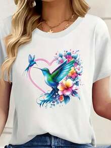 Graphic Print T-Shirt, Short Sleeve Crew Neck Casual Summer And Spring Women's Clothing1 Glitter Heart Sweet Sexy Casual Party Elegant Rhinestone None Holiday Wedding Beach Office Sporty Home Country Music Concert Lunch Travel Bachelorette Summer - 白色的 - 查看 1