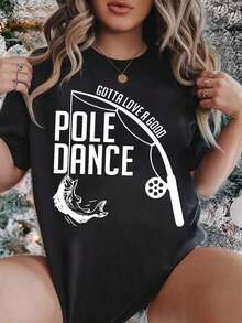 1 Piece Women's Crew Neck T-Shirt With Fishing And Pole Dance Graphic Print, Short Sleeve, Casual Summer Clothing For Outdoor Activities And Leisure, 180g 100% Cotton - 黑色 - 查看 6