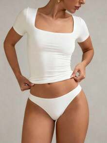 Camiseta ajustada de manga corta con cuello cuadrado de unicolor básico para mujer, blanco casual de verano - Blanco - Ver 7