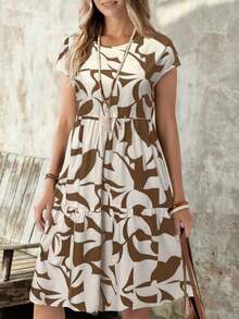 Vestido corto con cuello redondo y manga corta de estampado geométrico, casual para mujer, adecuado para primavera/verano - Marrón - Ver 1