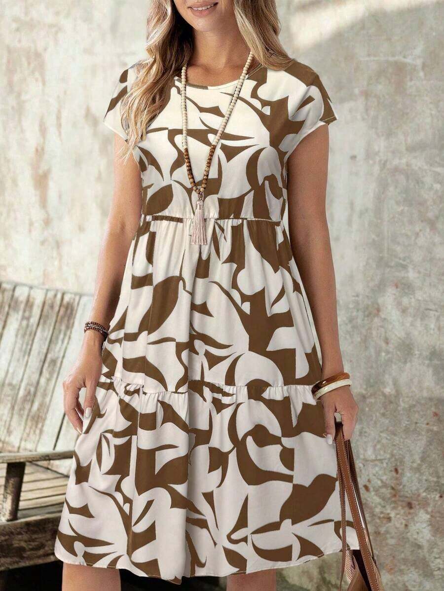 Vestido corto con cuello redondo y manga corta de estampado geométrico, casual para mujer, adecuado para primavera/verano - Marrón - Ver 1