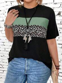 Women's Plus Size Short-Sleeved T-Shirt In Black And Green Color Combination With Leopard Print. - Mixed Colors - View 3