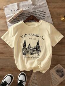 1 camiseta de mujer con estampado de Londres - estampado "221B Baker St. London, England", manga corta, cuello redondo, top casual de verano, blanca con letras negras, camiseta de mujer 180g 100% algodón. - Blanco - Ver 6