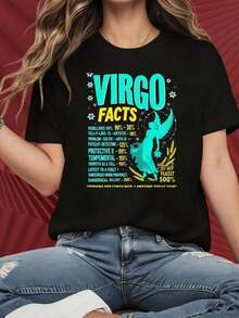 Women's Round Neck Short Sleeve T-Shirt With A Print Of The Virgo Zodiac Sign. Graphic T-Shirt With Astral Personality Traits And Humor. Fun Print Clothing, Suitable For Christmas Parties, Sports Activities, Holiday Parties, Outings And Other Festive Gifts (220g). - 黑色 - 查看 4