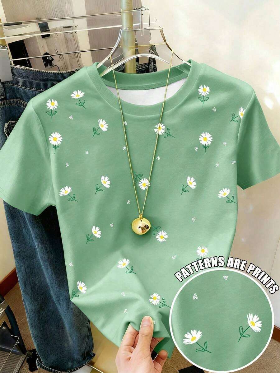 Camiseta casual versátil de mujer con cuello redondo y manga corta con estampado de margaritas - Multicolor 3 - Ver 1