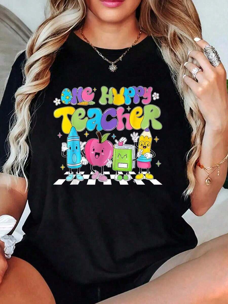 100% Cotton Women's Cotton T-Shirt, Fun, With Bunny And Easter Egg Print, For Easter Day - Black - View 1