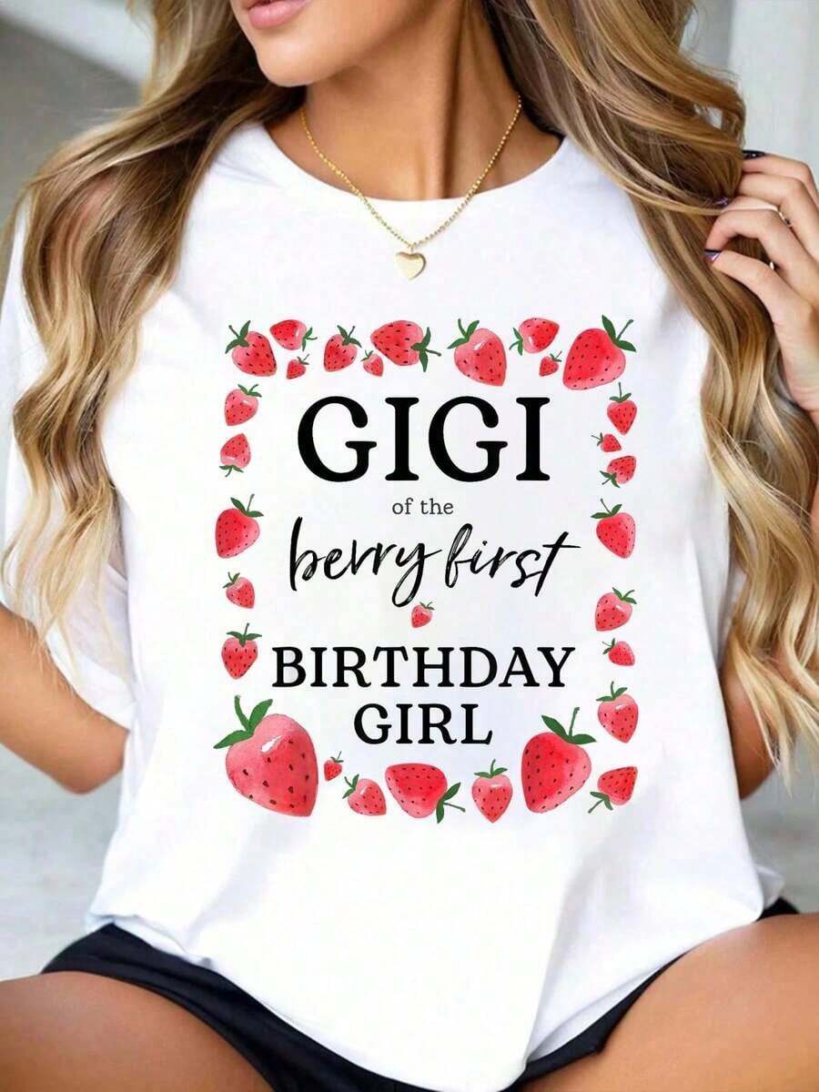 100% Cotton Gigi Of The Berry - Women's Strawberry T-Shirt Set, Ideal For A Girl's First Birthday Party - 白色 - 查看 1