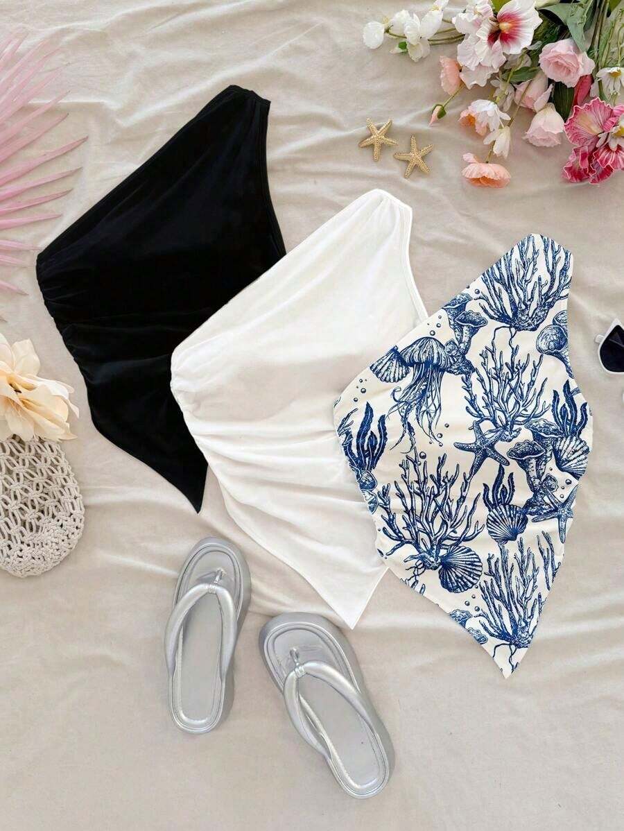 Top corto con escote asimétrico y drapeado sin mangas para mujer, estilo Y2K - Blanco y Negro - Ver 1