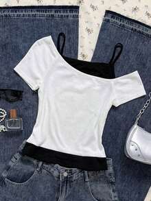 Camiseta de manga corta con estampado de gato negro asomándose en contraste de color, estilo casual y retro, adecuada para el verano - Blanco 2 - Ver 2