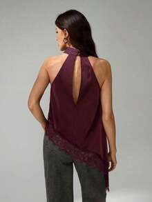 Tall Blusa sin mangas elegante y formal con cuello halter asimétrico, adorno de encaje y hombros descubiertos para fiesta, cóctel, boda o salida nocturna en primavera, verano y otoño - Burdeos - Ver 2