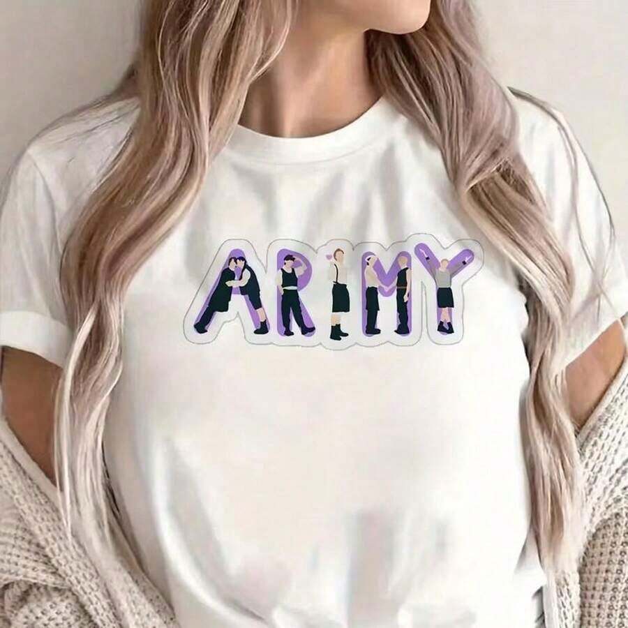 1 pcsBTS Camiseta Unisex "ARMY Estilo Collage de K-Pop" - Estampado de Grupo Musical, Ideal para Fans y Estilo Casual180g 100% Cotton - blanco - Ver 1
