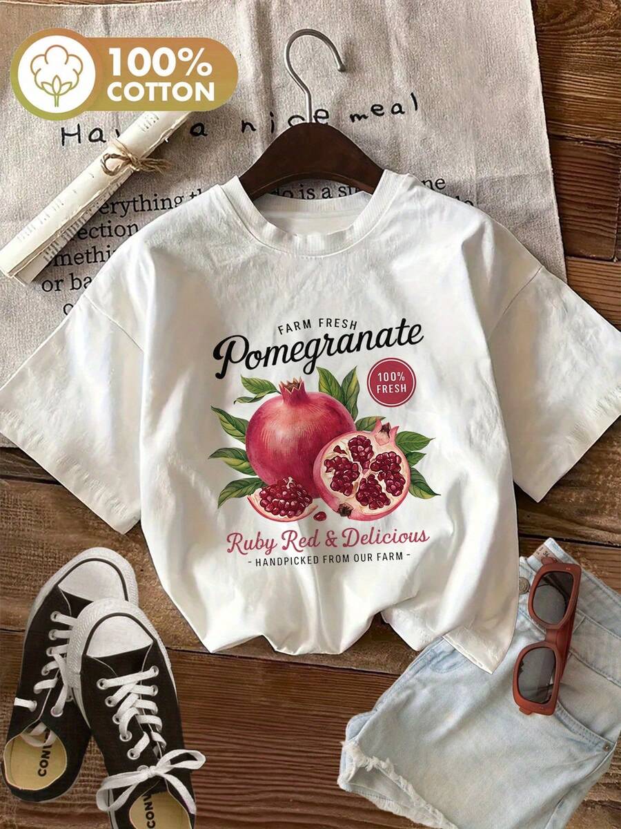 Camiseta Ligera de Invierno con Estampado Granada y Bayas - Manga Corta, Moda para Verano, Primavero o Relajación en la Playa/Picnic - Blanco - Ver 1