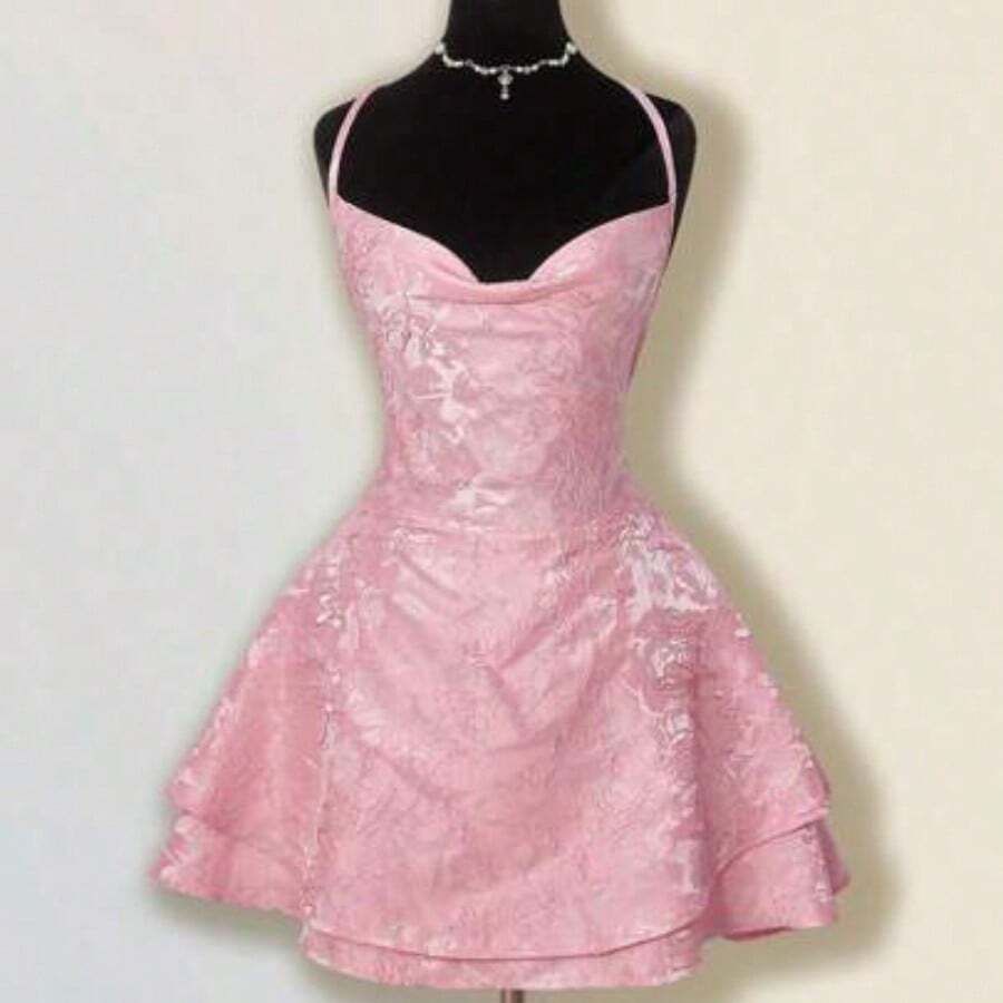 ICON Women's Elegant Blush Pink Mini Party Dress, Sleeveless With A Chic Draped Cowl Neckline And Layered Tiered Skirt. - Rosa - Ver 1