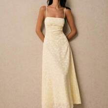 Women's Summer Jacquard Design Waisted Elegant Slip Midi Dress - Amarillo claro - Ver 1
