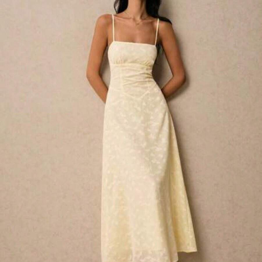 Women's Summer Jacquard Design Waisted Elegant Slip Midi Dress - Amarillo claro - Ver 1