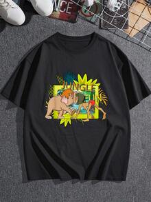 Encuentro amistoso entre un niño y un elefante en un entorno de selva lleno de energía tropical y aventura mostrando la conexión entre naturaleza y amistad camiseta de mujer  casual cómoda para uso diario - Negro - Ver 3