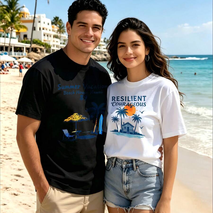 2-Piece Couple Matching Pattern T-Shirt, 100% Cotton, Loose Fit, Soft And Breathable, Casual Round Neck Short Sleeved Top Summer Vacation Beach House Hawaii 89 Resilient Courageous Palm Tree Sunset Versatile Patterns No Picky Combinations Coordinated Dating Casual Travel Simple And Cartoonish - 黑色 - 查看 1