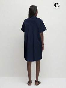 Vestido de algodón holgado de unicolor con cuello alto y botones delanteros para mujer, estilo minimalista básico para uso diario, ir al trabajo, vestimenta casual de negocios y atuendo de oficina - Azul marino - Ver 6