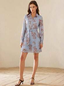 Aveloria Frievida Vestido con botón delantero con cinturón con estampado de flor - Celeste - Ver 3