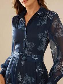 Aveloria Frievida Vestido con botón delantero con cinturón con estampado de flor - Azul marino - Ver 5