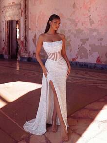 ADYCE Đầm dạ hội hở vai đính sequin, thiết kế xương cá rỗng, eo cao, xếp ly, buộc dây, xẻ lưng, thích hợp cho tiệc cocktail. - trắng - Xem 6