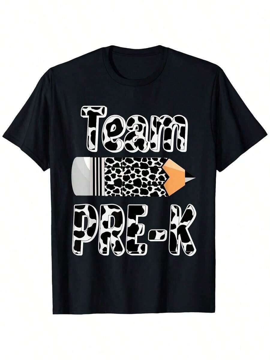 Camiseta de manga corta con cuello redondo 100% algodón y estampado de vaca por transferencia térmica - un regalo ideal para el primer día de clases para niños, niñas, maestros, mujeres, familiares y amigos. - Negro - Ver 1