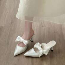 Zapatos de tacón para mujer Zapatos de tacón alto para mujer, nuevo modelo de primavera-verano, francés, con lazo en la puntera, sandalias de tacón para llevar por fuera - Beis - Ver 3