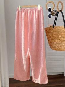 Pantalones casuales anchos con cintura de corbata y estampado de lunares para mujer - Rojo - Ver 2