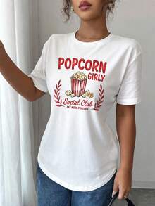 Camiseta Vintage de Mujer "Popcorn Girly Social " - Estampado Retro de Palomitas y , Manga Corta y Cuello Redondo, Blusa Casual para Verano y Primavera, Ideal para Noches de Cine y Fiestas Temáticas - [Blanco] - Ver 2