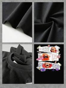 Ilustración divertida con una chica expresiva y un panda rojo mostrando emociones de sorpresa y energía juvenil combinadas con detalles coloridos y elementos de cultura pop moderna camiseta de mujer  cómoda y casual para uso diario - Negro - Ver 4