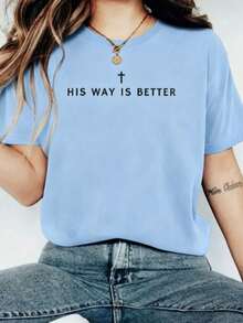 Jesus Shirt His Way Is Better Comfortable Christian Merch Simple Christian Faith Gift Clothing Casual Fall Outfits For Women Travel Short Sleeve Tops - 藍色 - 查看 7