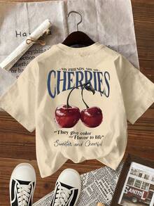 Nueva camiseta de mujer para primavera y verano con cuello redondo, estampado de cerezas de dibujos animados y estampado de letras sencillas, de manga corta, casual, cómoda y elegante, la opción ideal para los días en que no sabes qué ponerte. - Albaricoque - Ver 2