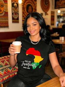 Women's T-Shirt, Juneteenth Print T-Shirt, Casual Round Neck Short Sleeve T-Shirt, Women's Clothing, Ladies' T-Shirts, Summer Wardrobe Essential, Motivational Clothing, Impact Top, Comfortable Fit, Short Sleeve Top, For Fashion Lovers - 黑色 - 查看 4