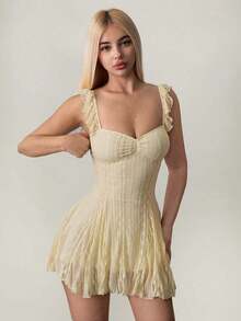 Vestido mini acampanado de mujer de color albaricoque con parches de encaje, para verano - Mostaza Amarilla - Ver 11